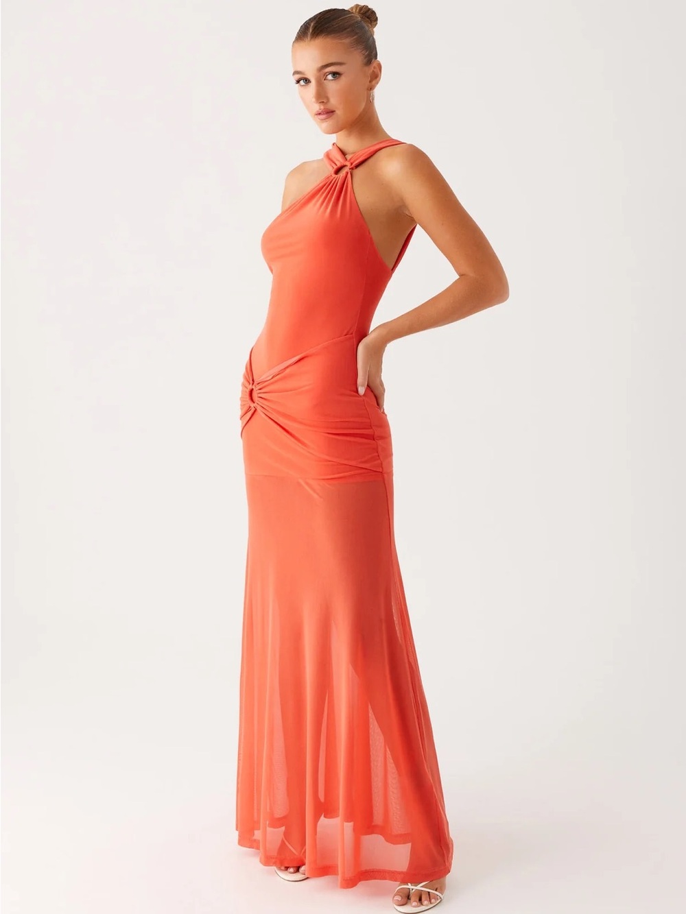 Peppermayo Kavala Coral One-Shoulder Twist Maxi Dress
